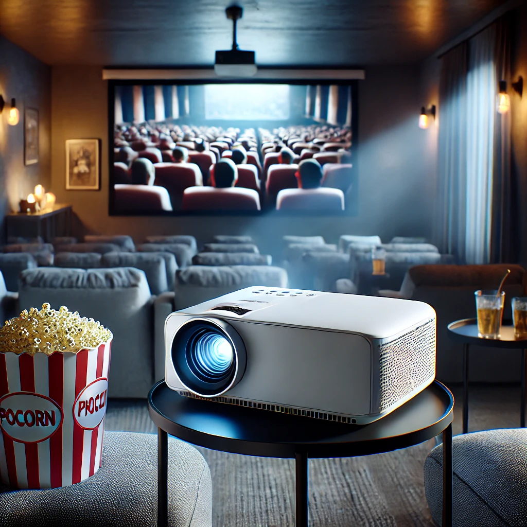 DALL·E 2024 12 30 15.57.08 A sleek and modern projector displayed in a cozy home theater setting. The projector is placed on a small table projecting a crisp and vibrant movie