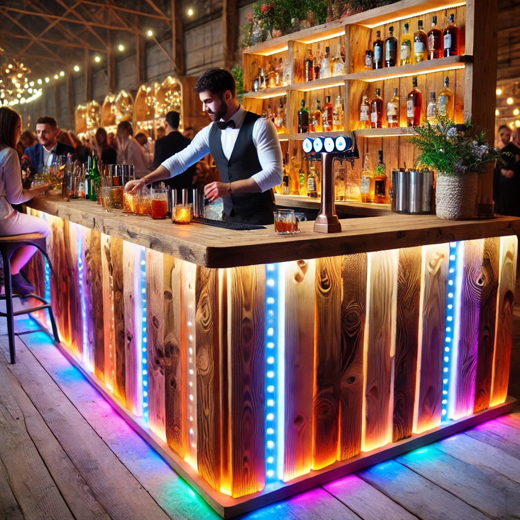 DALL·E 2024 12 30 16.12.45 A vibrant wooden LED bar designed for serving drinks featuring a rustic wooden counter with integrated LED lighting effects that change colors. Behin