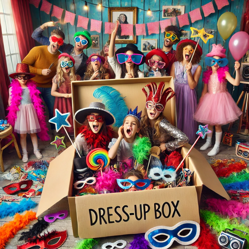 DALL·E 2024 12 30 16.16.48 A vibrant party setting featuring a dress up box filled with colorful costumes and accessories. The box is open revealing items like feather boas ha