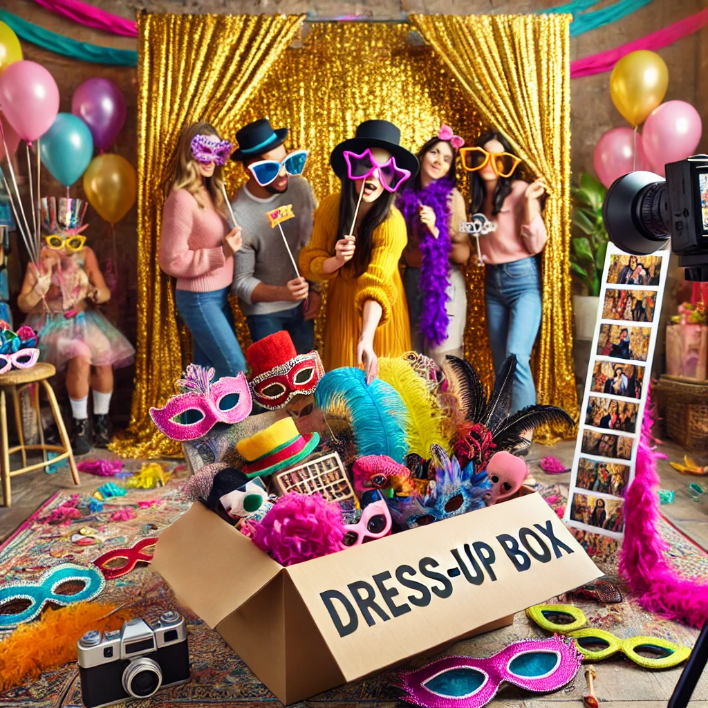DALL·E 2024 12 30 16.17.27 A vibrant party setting featuring a dress up box placed near a photobooth area. The open dress up box reveals colorful costumes and props such as fea
