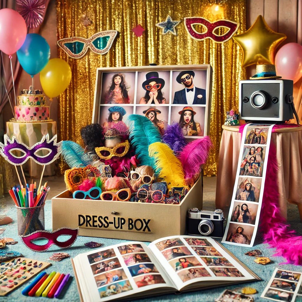 DALL·E 2024 12 30 16.19.19 A vibrant party setting featuring a dress up box placed near a photobooth area and a photo album table. The open dress up box reveals colorful costume